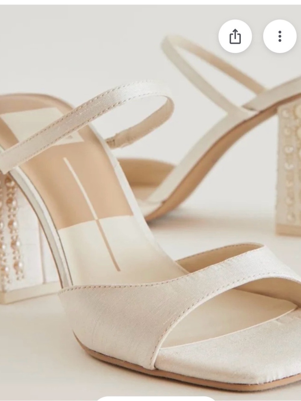 Dolce Vita Jemmy Ivory Satin Block Heel Sandals with Pearl-Embellished Heel